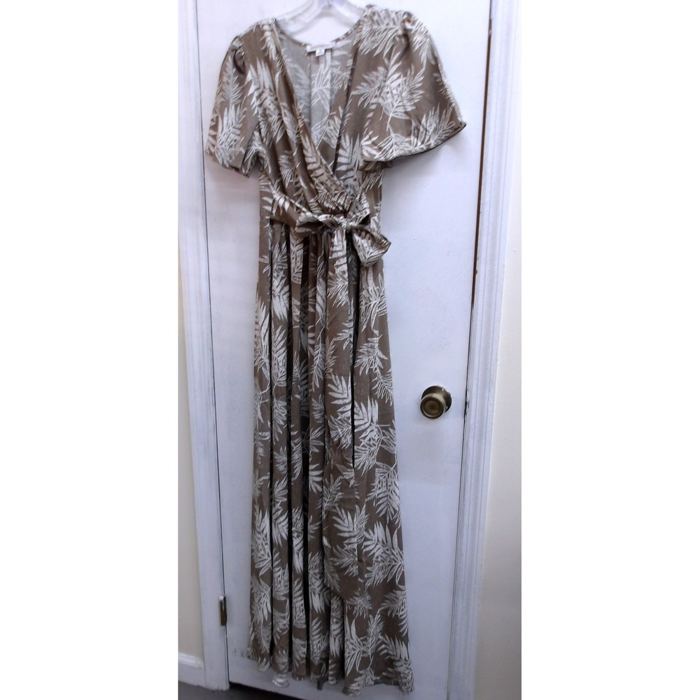 One The Land Tan White Tropical Palm Leaf Wrap Maxi Dress Lg /#26321